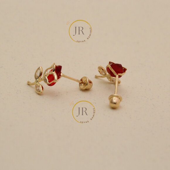 14K Solid Yellow Gold Red Tulip Stud Earrings • Floral Elegance & Passion. - Picture 5 of 10